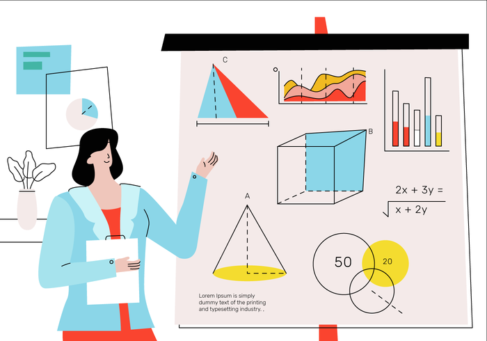 Professor de matemática bonita ensinando teoria básica na frente da ilustração em vetor de classe