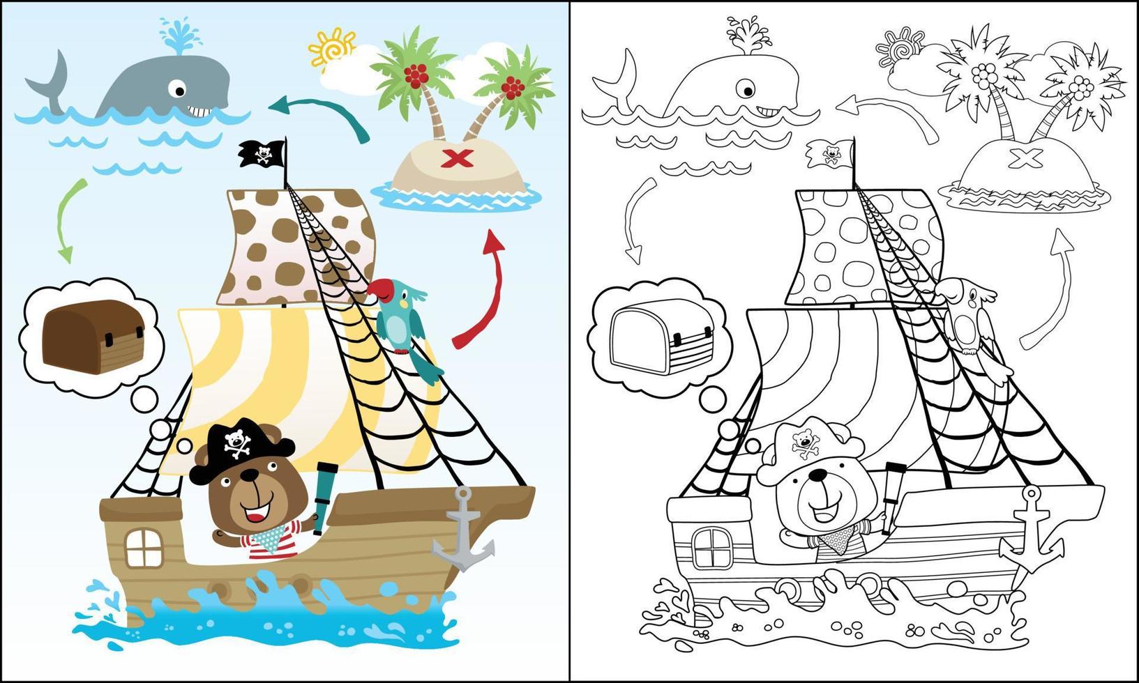 vetor ilustração do Urso desenho animado em barco a vela, piratas elemento ilustração, coloração livro ou página