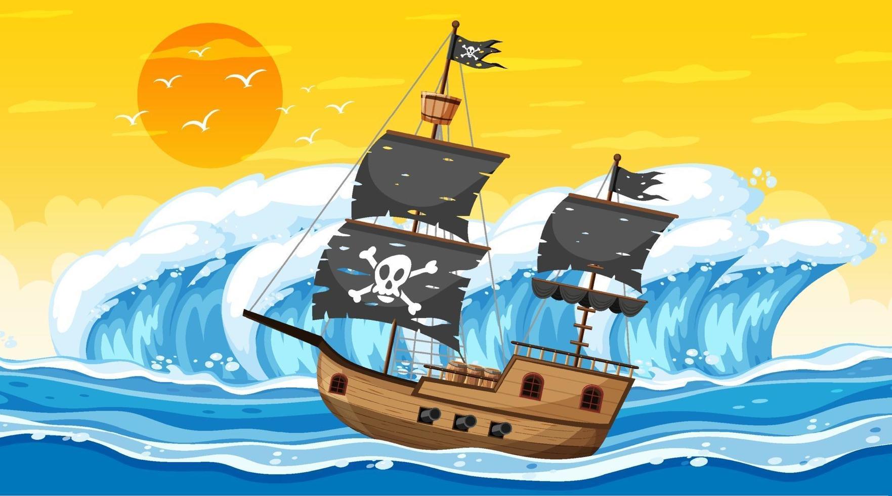 oceano com navio pirata na cena do pôr do sol no estilo cartoon vetor