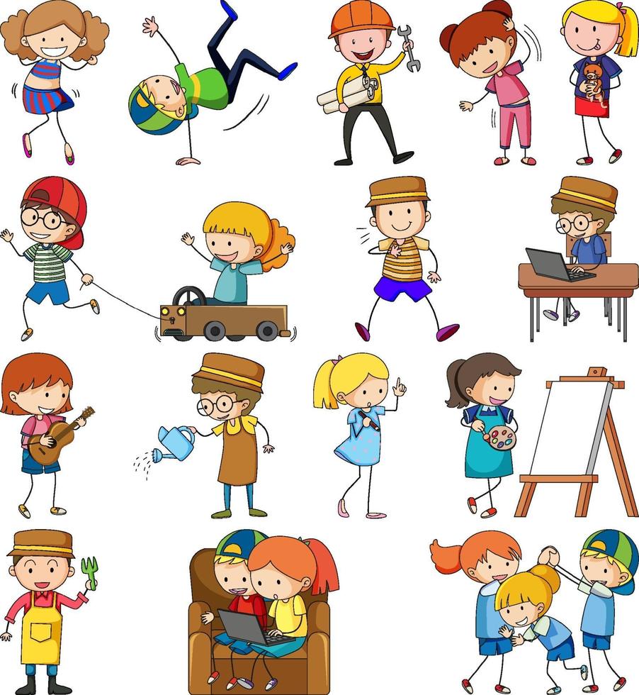 conjunto de diferentes personagens de desenhos animados doodle de crianças isolado vetor