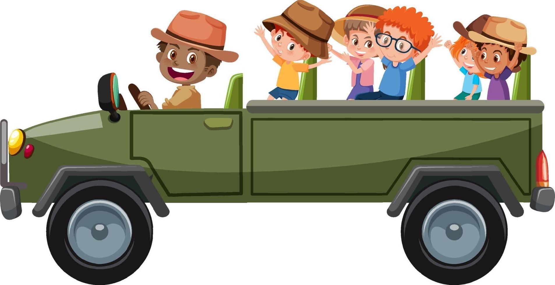 conceito de zoológico com crianças em carro de turismo isolado no fundo branco vetor