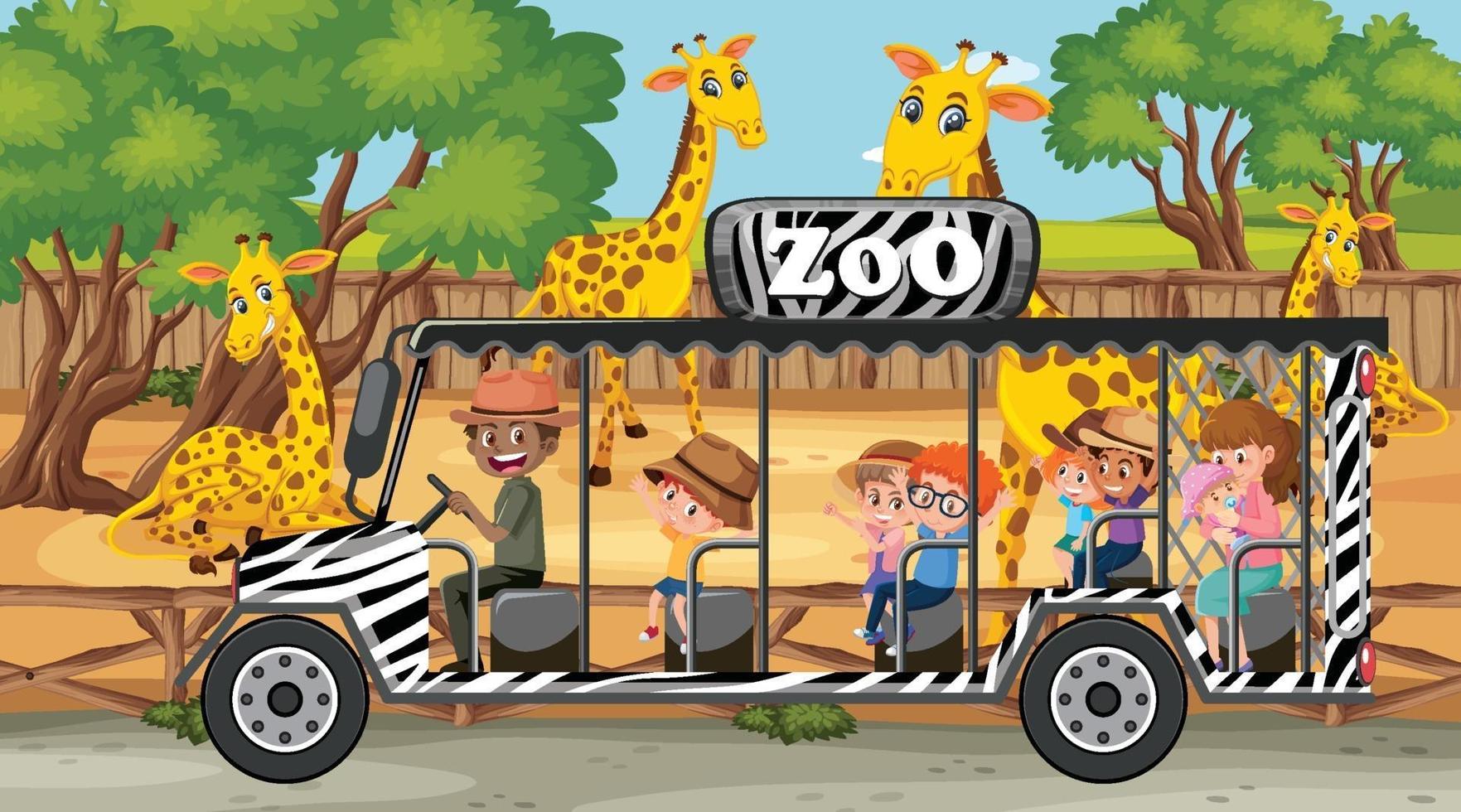 cenário de safári com muitas girafas e crianças em carro de turismo vetor