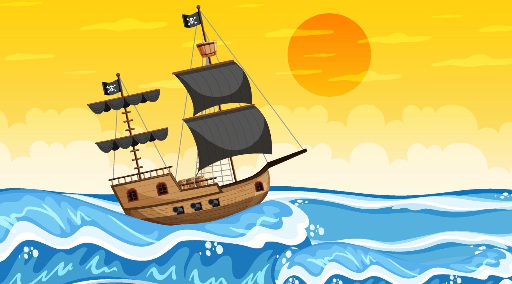 oceano com navio pirata na cena do pôr do sol no estilo cartoon vetor