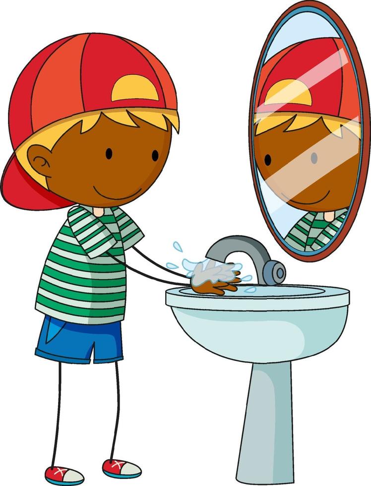 uma criança rabiscada lavando as mãos personagem de desenho animado isolada vetor