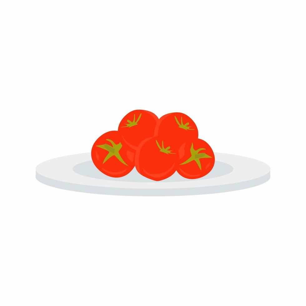 tomates vermelhos com folhas verdes. ícone de frutas e legumes frescos. estilo de desenho animado do ícone de alimentos orgânicos. conceito de alimentação saudável. ilustração vetorial plana isolada no fundo branco vetor