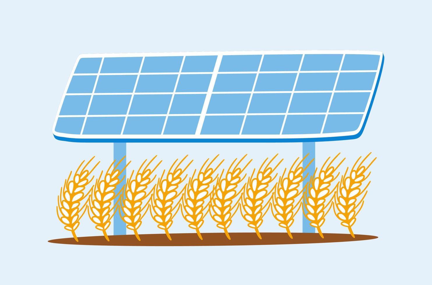 trigo cresce debaixo a solar painel. a conceito do simultâneo usar do terra tramas ambos para a Produção do solar fotovoltaico energia e para agricultura. vetor plano ilustração.