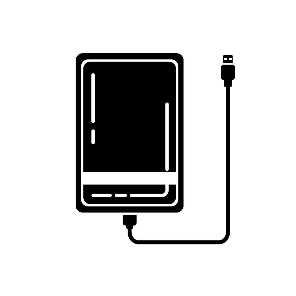ícone de unidade de disco rígido externo de glifo com cabo USB isolado no fundo branco. powerbank preto para carregar dispositivos móveis. hdd externo portátil. ilustração em vetor unidade de memória.