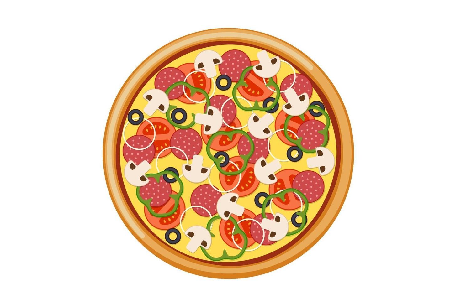pizza com fatias de tomate cogumelos salame linguiça cebola pimentão azeitonas pretas e queijo. ilustração em vetor isolado fast food italiano