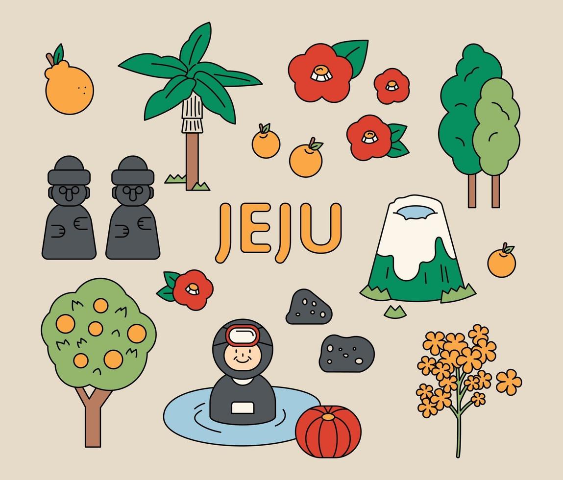 símbolos e ícones da ilha de Jeju. delinear ilustração vetorial simples. vetor