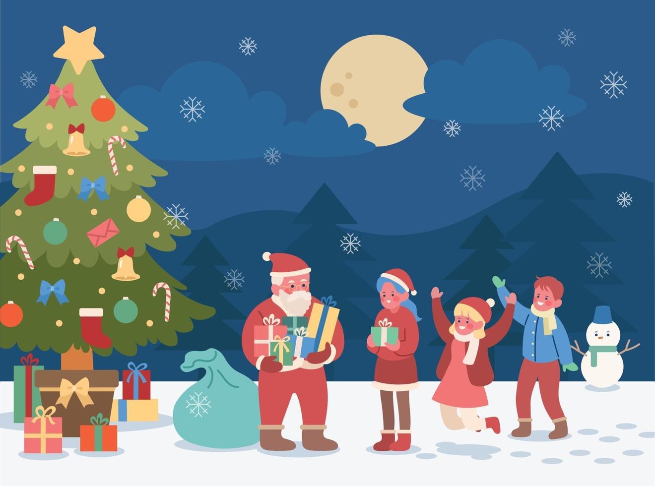 em um dia de neve, sob a grande árvore de natal, o papai noel distribui  presentes para as crianças. mão desenhada estilo ilustrações vetoriais.  2286383 Vetor no Vecteezy