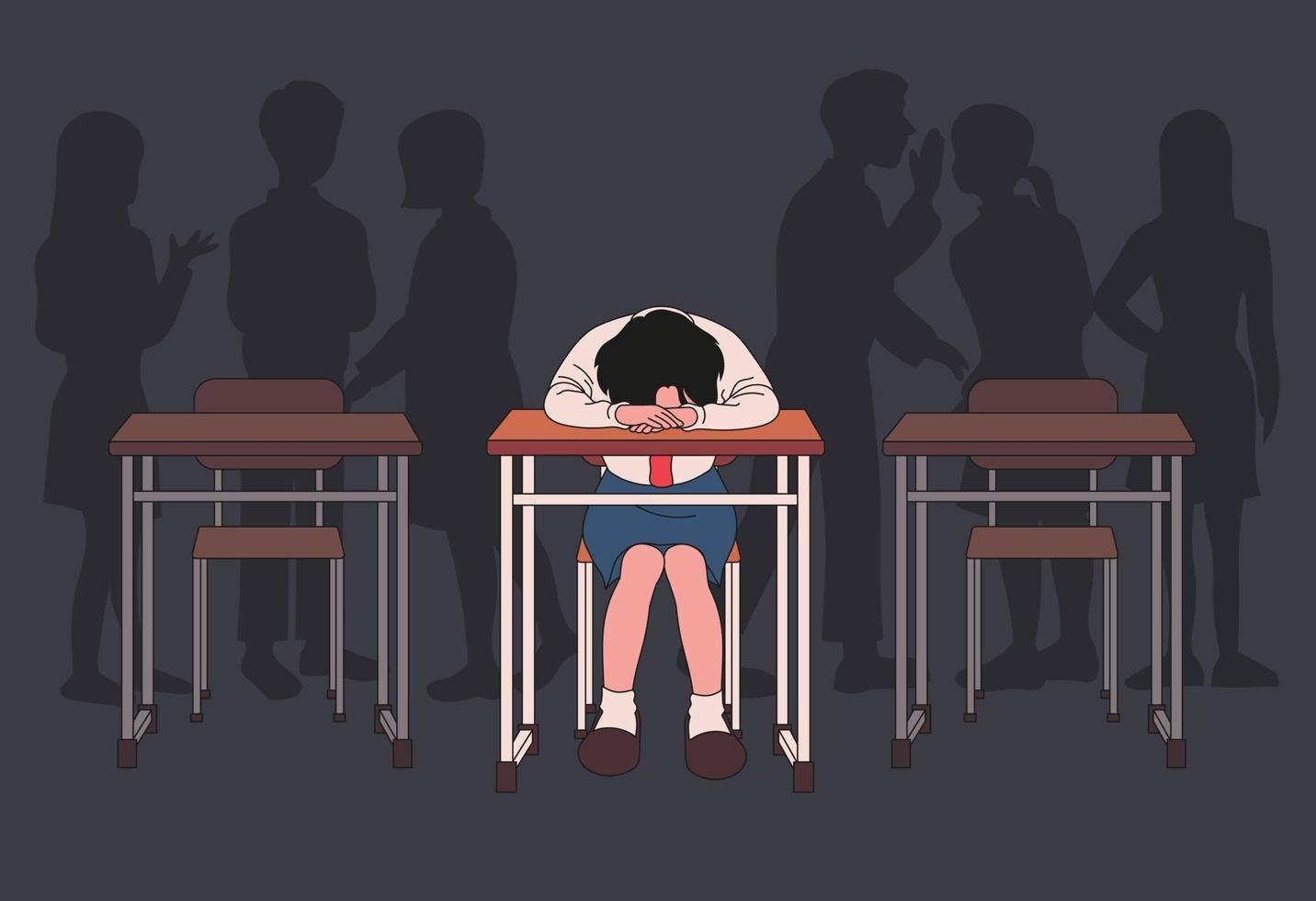 uma aluna deita-se em sua mesa e lamenta. fundo escuro da sala de aula e sombras de crianças que fazem bullying. mão desenhada estilo ilustrações vetoriais. vetor