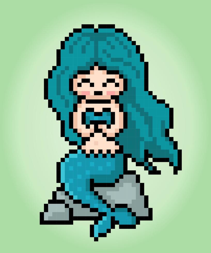 8 mordeu pixel uma sereia azul cabelos para jogos ativos e Cruz ponto padrões dentro vetor ilustrações.