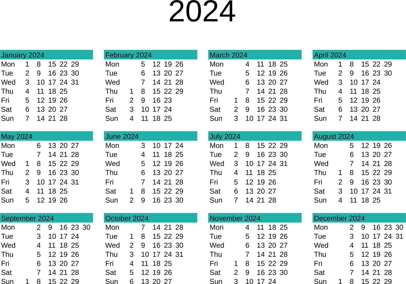 ano 2024 calendário dentro Inglês vetor