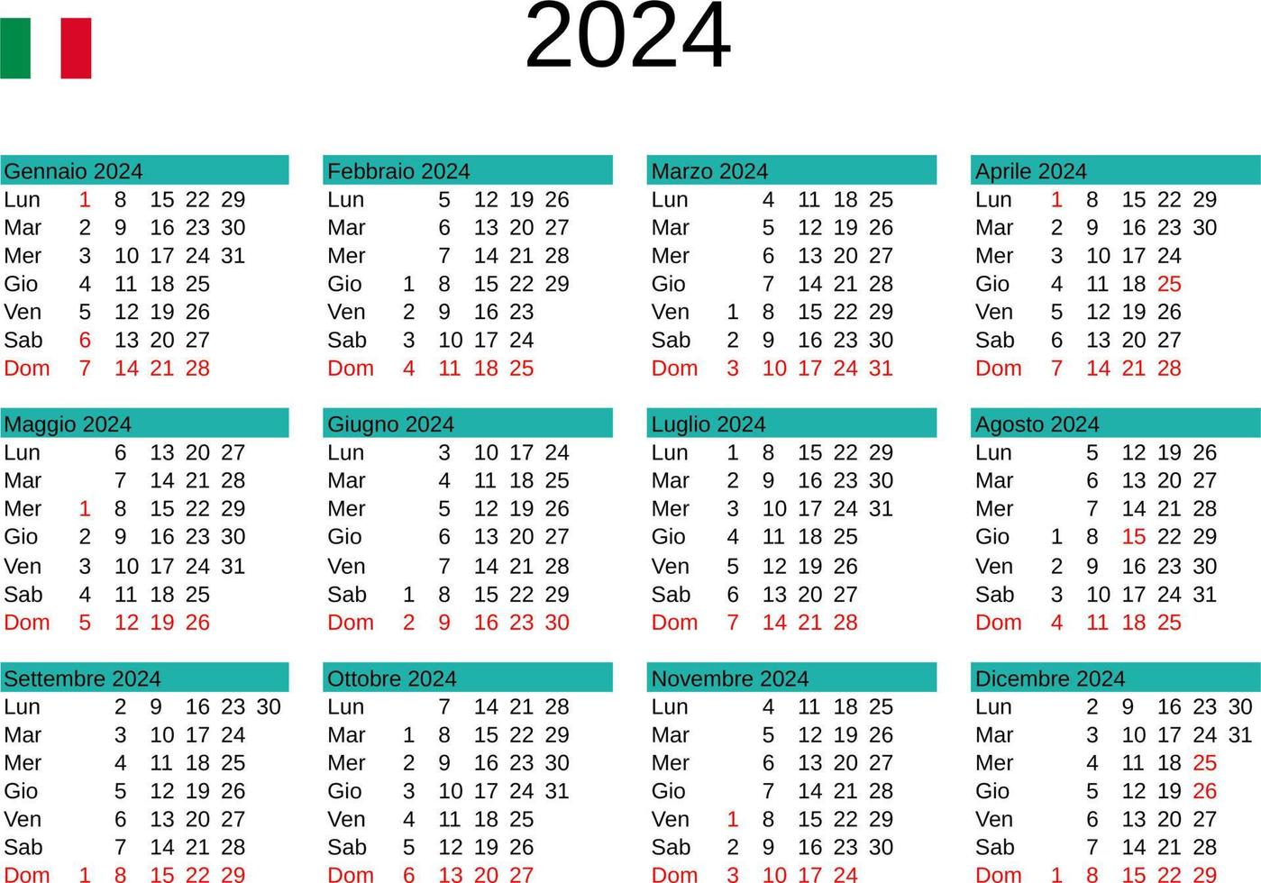 ano 2024 calendário dentro italiano com Itália feriados vetor