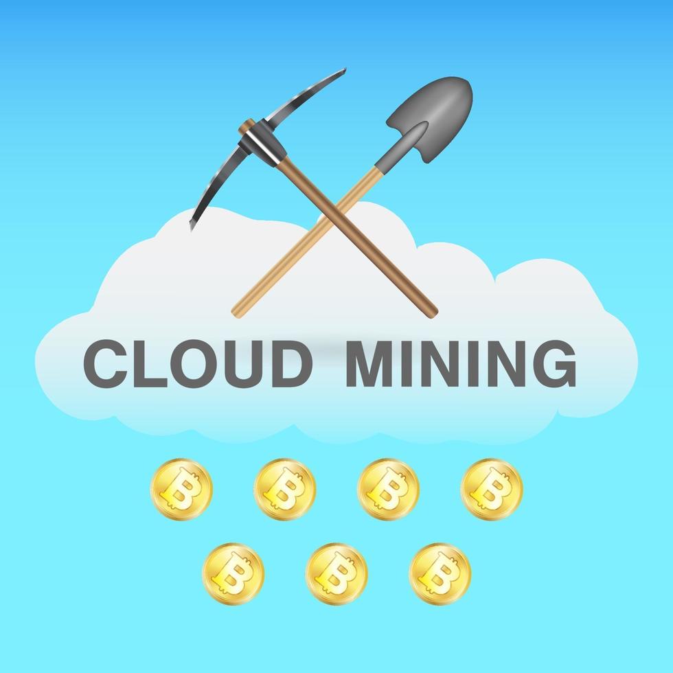 Bitcoin cloud mining logo com picareta e pá na nuvem vetor