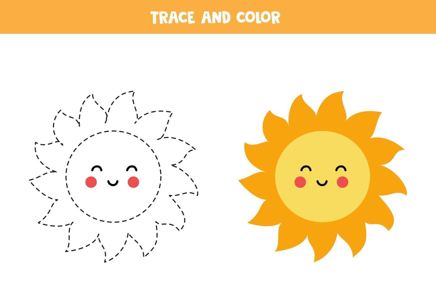 rastrear e colorir o sol kawaii bonito. planilha para crianças. vetor