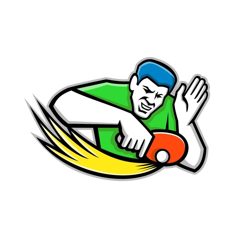 ilustração do ícone de mascote de um jogador de tênis de mesa ou pingue-pongue bloqueando uma bola de pingue-pongue com remo ou raquete vista de frente no fundo isolado em estilo retro. vetor
