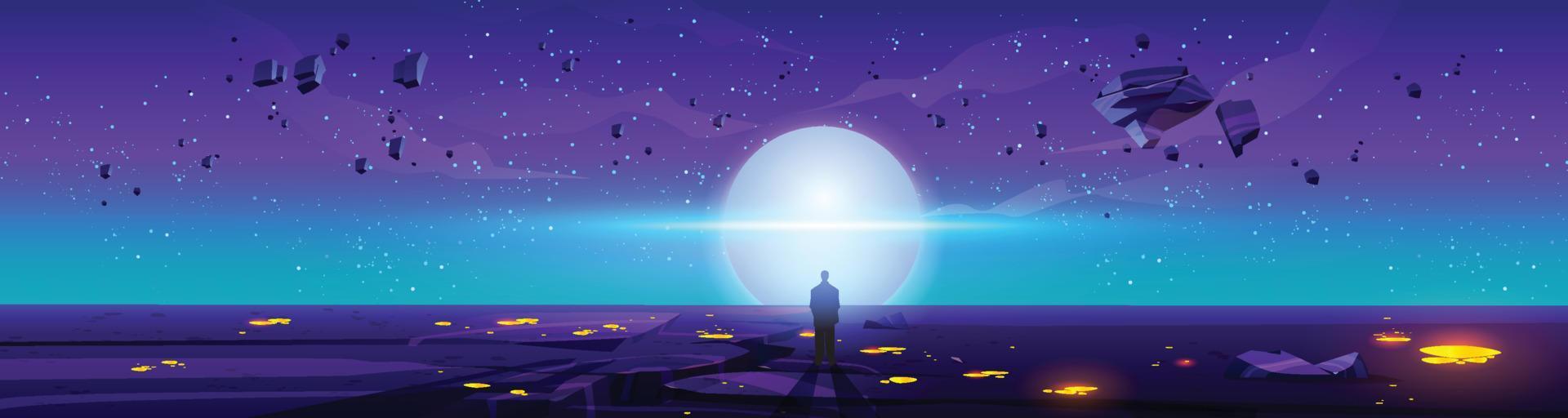 homem em pé em futurista planeta assistindo lua vetor ilustração arte Projeto