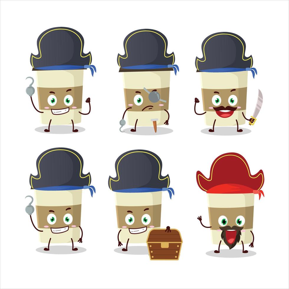 desenho animado personagem do café copo com vários piratas emoticons vetor