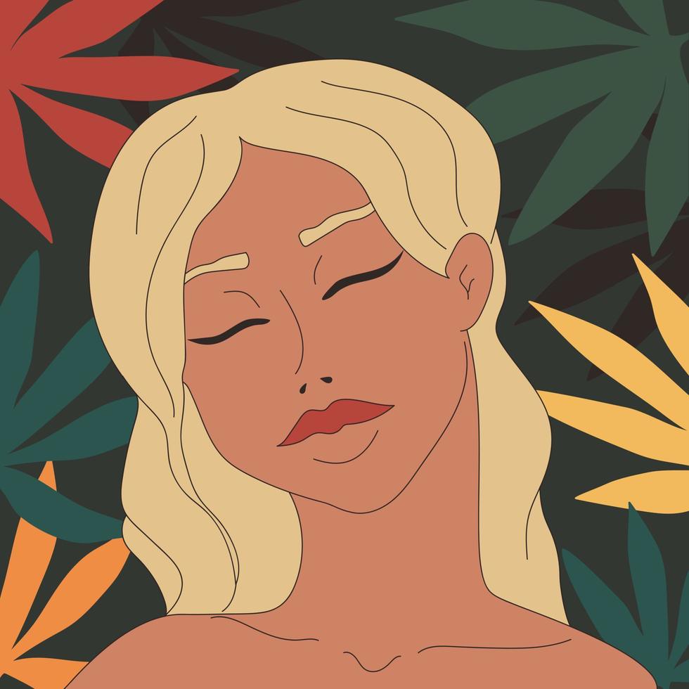 mão desenhado Loiras mulher dentro uma floresta. fêmea beleza e natureza tema. jovem mulher com fechadas olhos em uma fundo do folhas do diferente cores. vetor arte