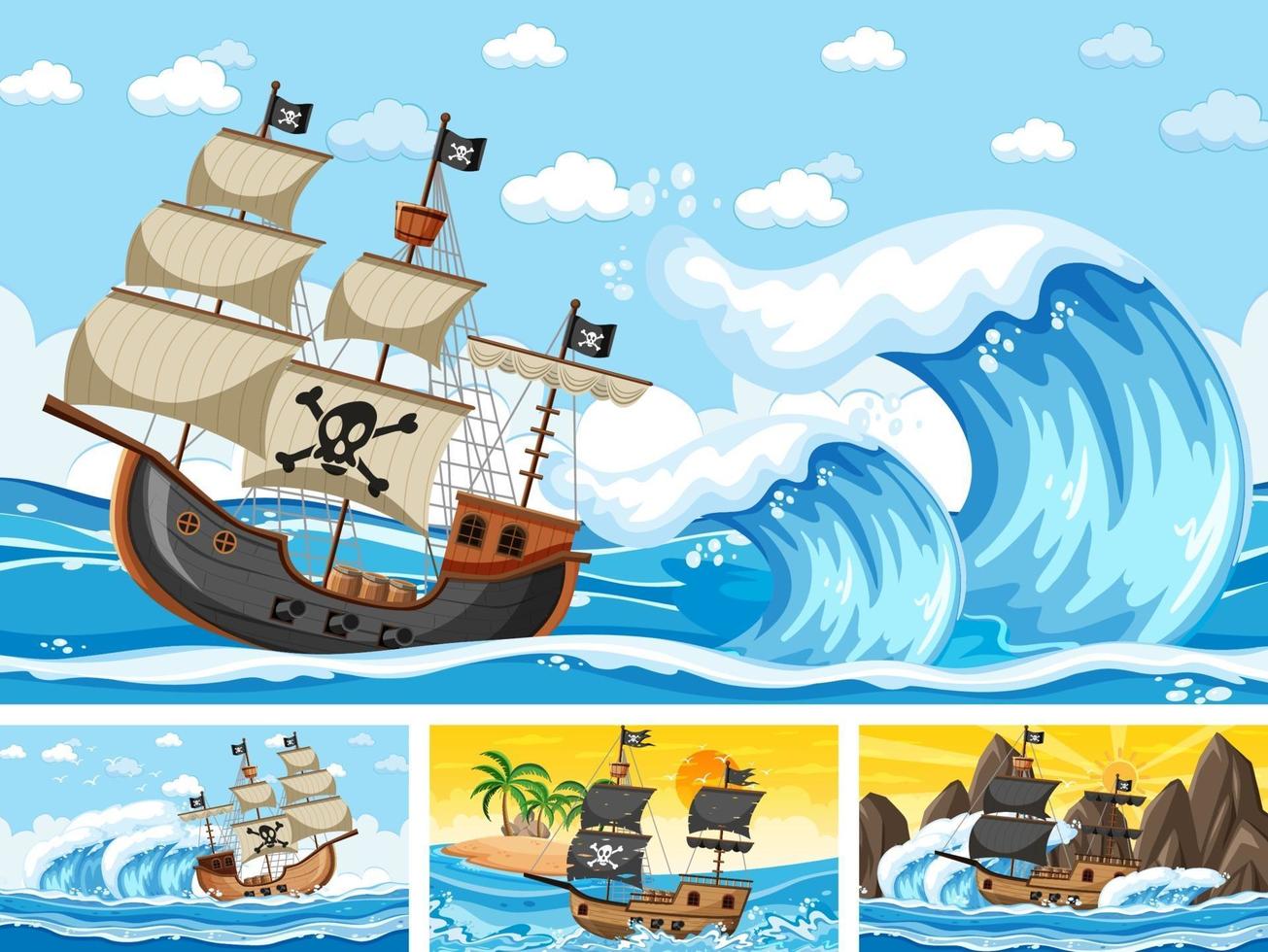 conjunto de cenas do oceano em momentos diferentes com o navio pirata em estilo cartoon vetor