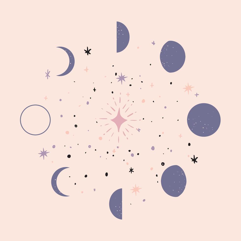 celestial ilustração do fases do a lua, estrelas e Sol. Projeto para t camisa, imprimir, postar cartão, e casa decoração vetor