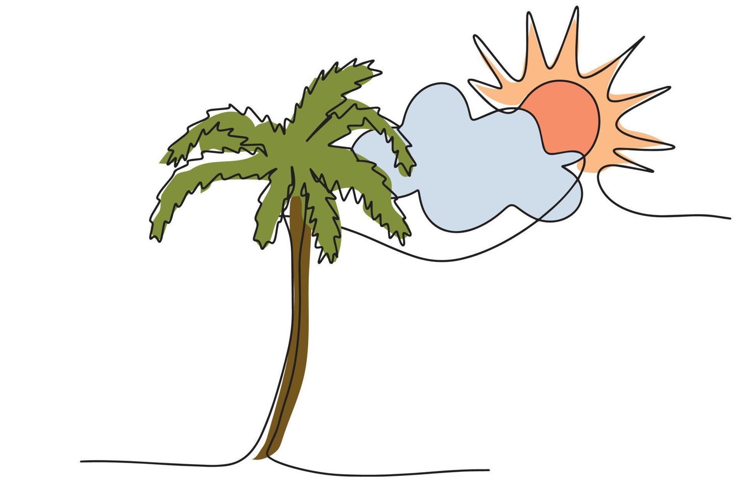 desenhando Palma árvores nuvens e a Sol dentro 1 contínuo linha. uma conceito para parede decoração, poster impressão e viagem de período de férias viagem empresa. vetor