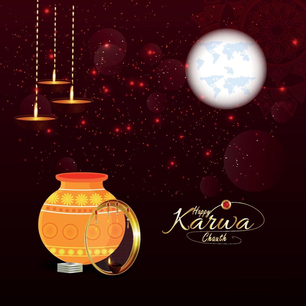 cartão feliz do festival de karwa chauth com equipamento e plano de fundo de diya e karwa chauth vetor