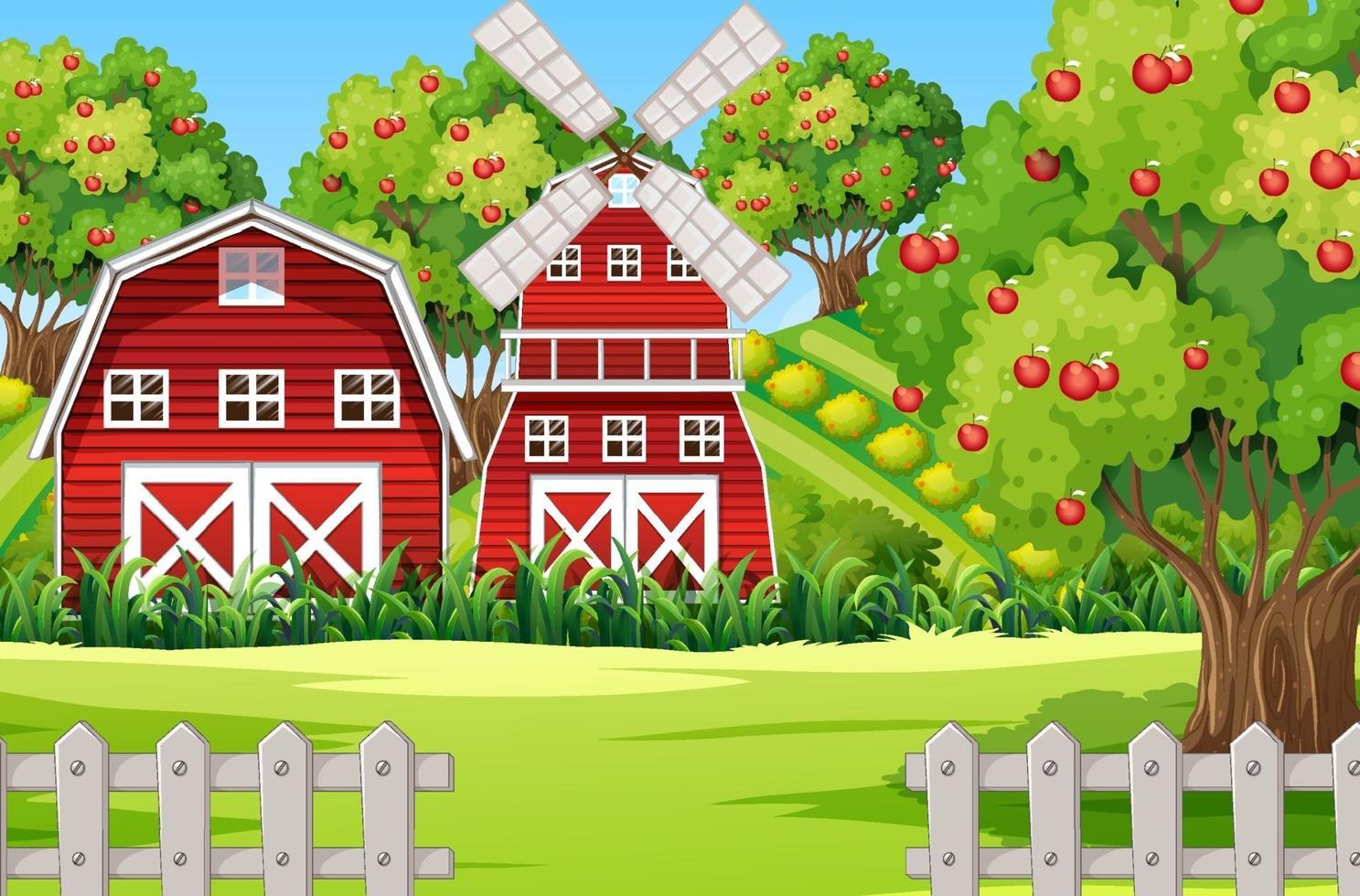 cena de fazenda com celeiro vermelho e moinho de vento vetor