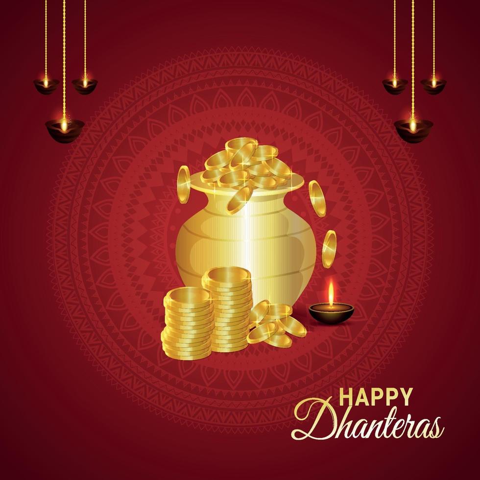 Happy Dhanteras Indian Festival Celebration cartão comemorativo com ilustração vetorial pote de moedas de ouro vetor