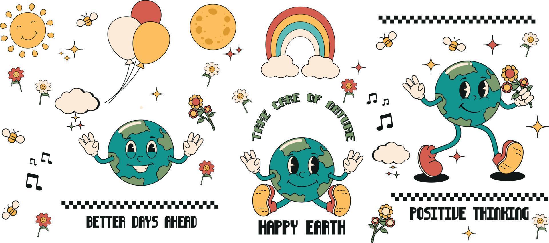 ampla conjunto dentro a retro estilo do a Anos 70 do a planeta terra. vetor ilustração do planeta, globo com emoji para imprimir, ícone, coloração livro, poster, bandeira, modelo. vetor ilustração.