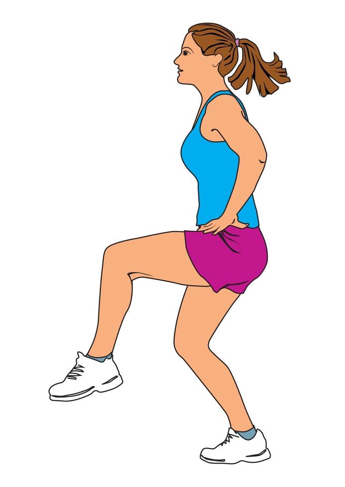 mulher fazendo exercícios de fitness. garota do clube de fitness, conceito de exercícios de fitness. ilustração de treinamento de ginásio de meninas isolada no fundo branco vetor