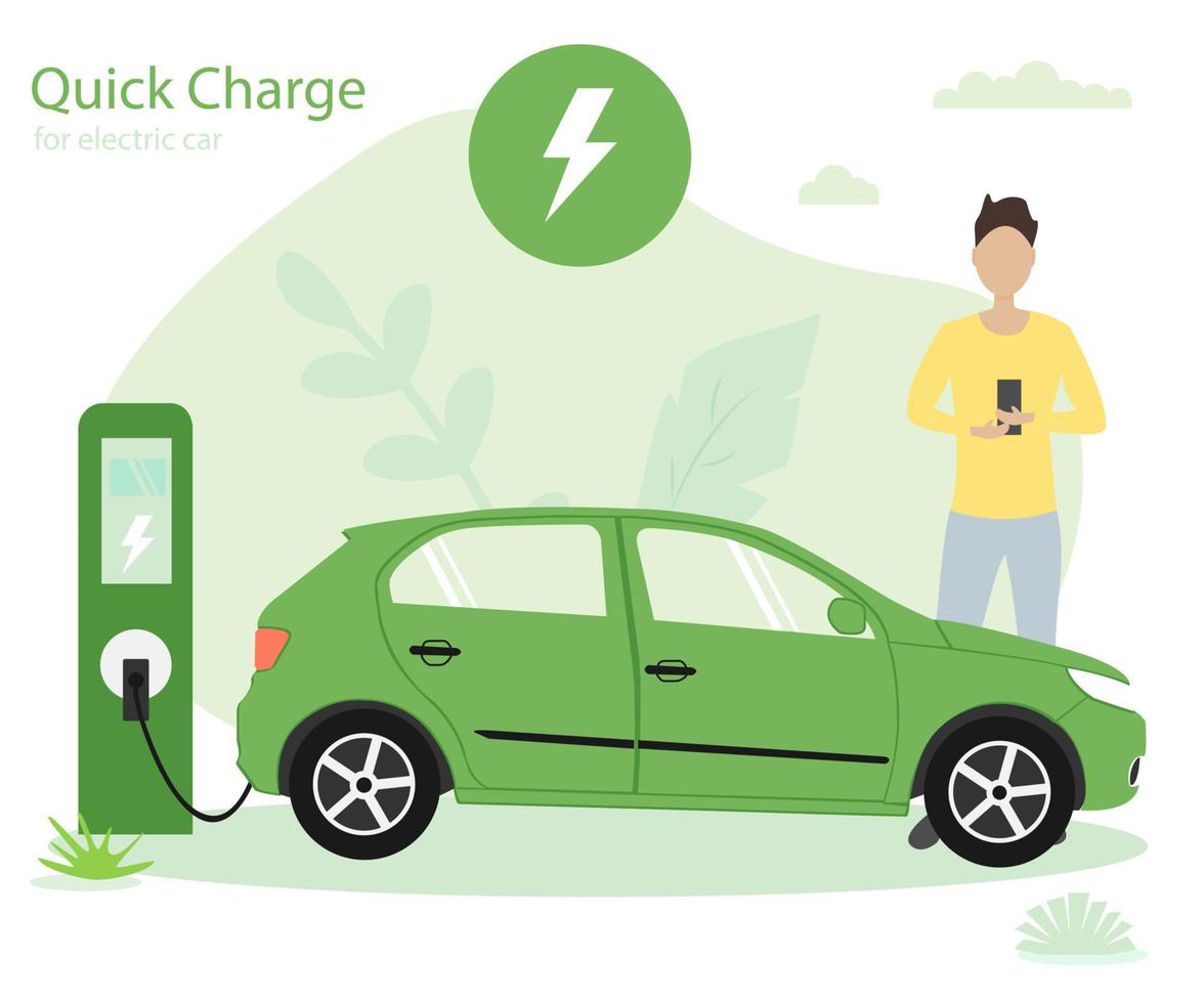 elétrico carro plano infográfico elementos. homem cobrando elétrico carro em cobrando estação. elétrico carro infográfico ícones. vetor ilustração isolado em branco fundo.