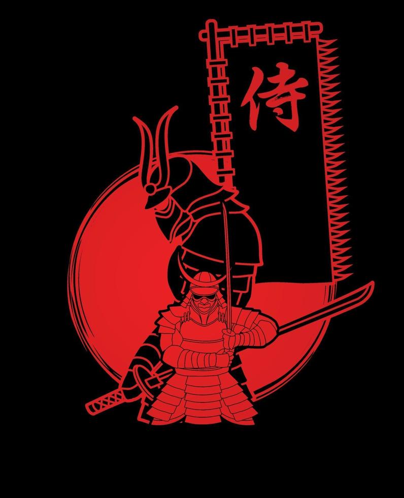 guerreiros samurai com bandeira de samurai com texto em japonês vetor