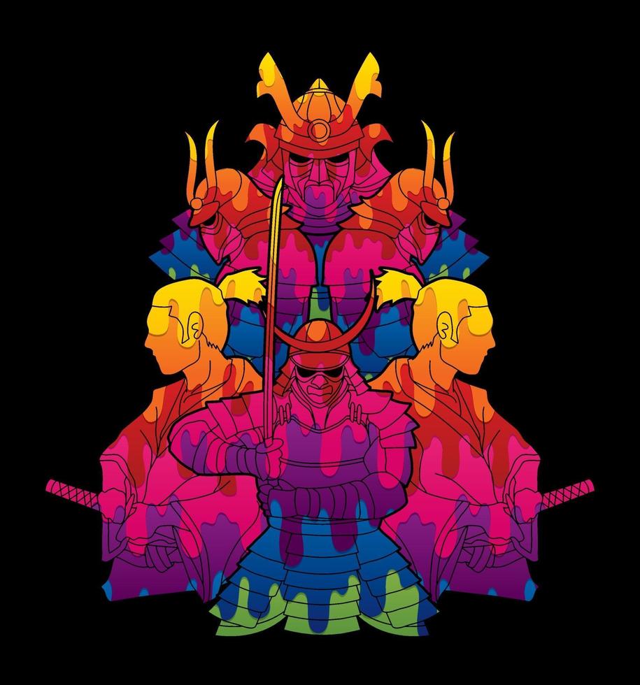 grupo de guerreiros samurai projetado com pincel de cores abstratas vetor