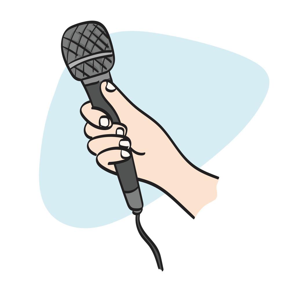 fechar-se mão segurando microfone ilustração vetor mão desenhado isolado em branco fundo linha arte.