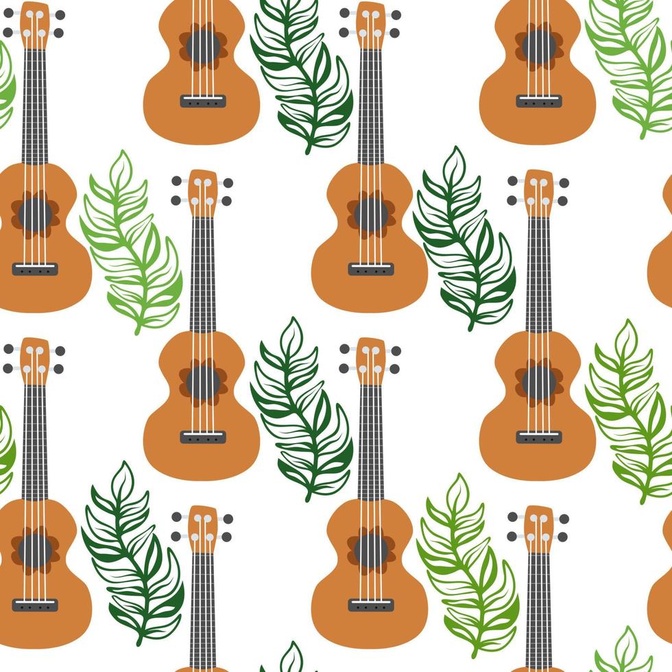 ukulele desatado padrão, ukulele. padronizar com monstro, folhas, flores, notas, inscrições vetor