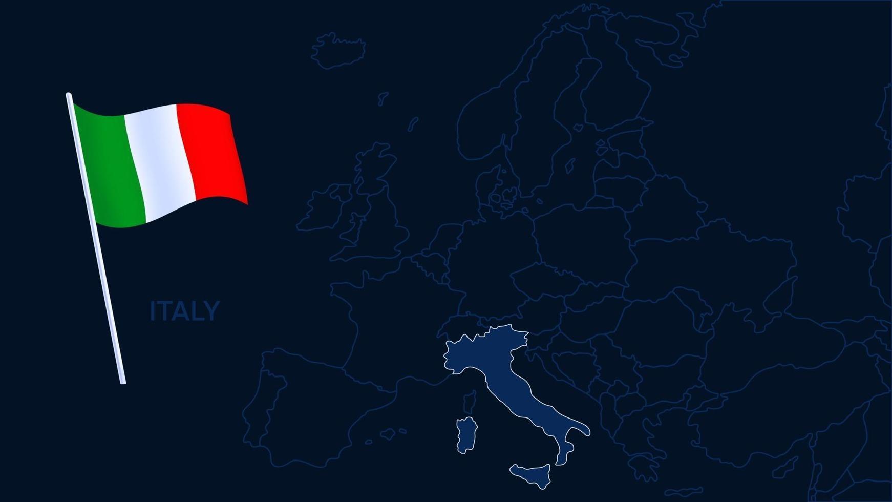 itália na ilustração em vetor mapa europa. mapa de alta qualidade da europa com as fronteiras das regiões em fundo escuro com a bandeira nacional.