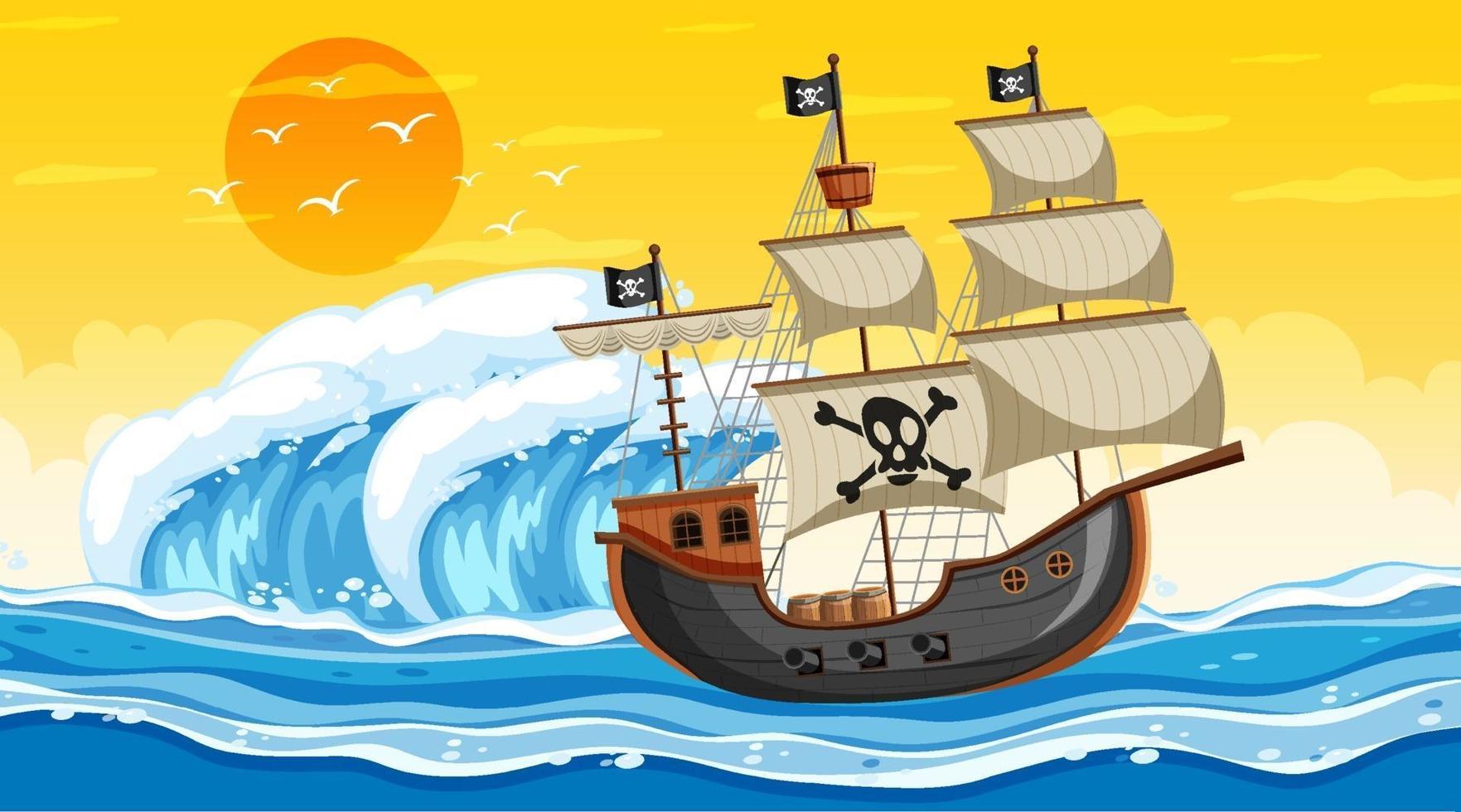 cena do oceano na hora do pôr do sol com um navio pirata em estilo cartoon vetor