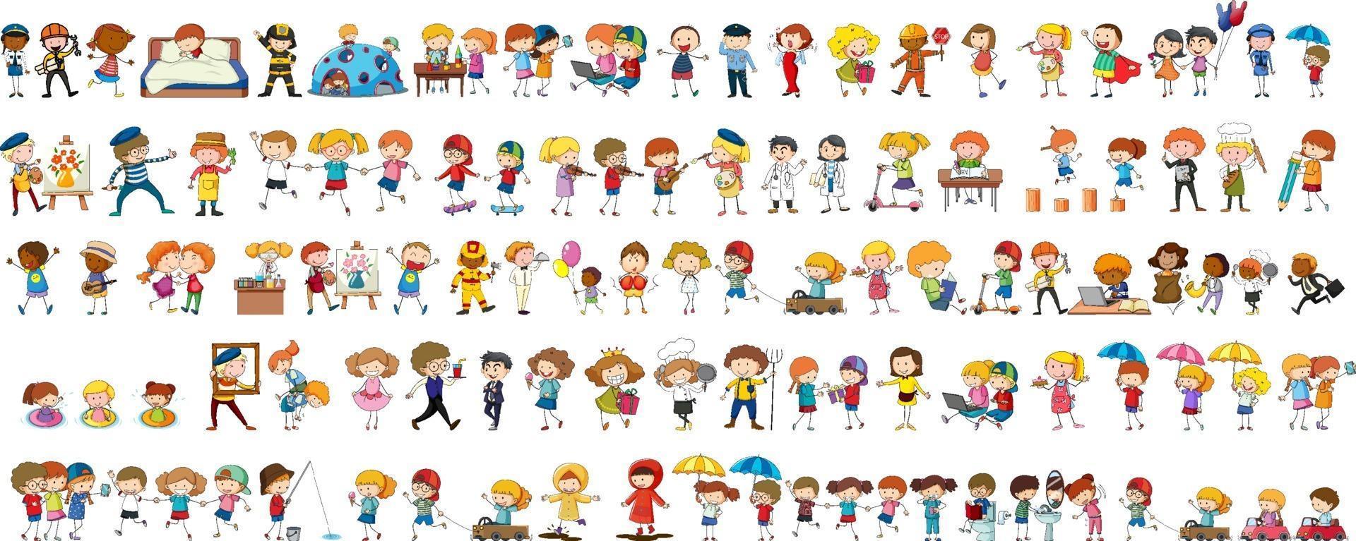 conjunto de diferentes personagens de desenhos animados doodle de crianças vetor