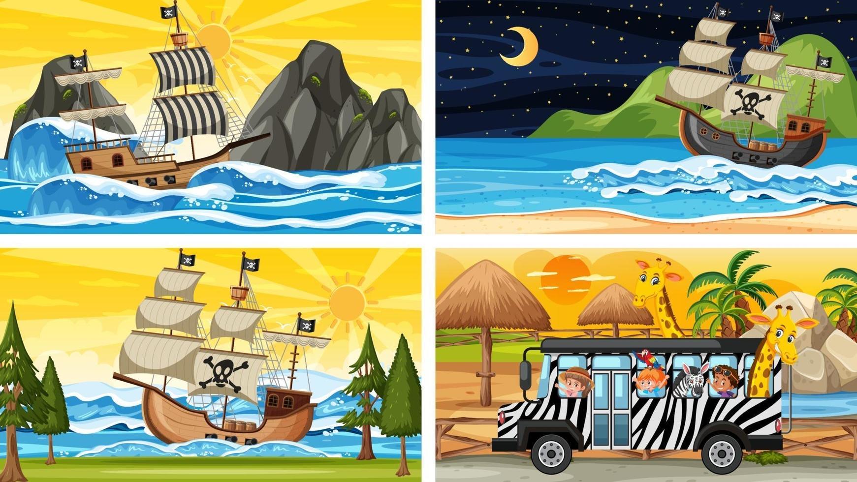 conjunto de diferentes cenas com animais no zoológico e navio pirata no mar vetor
