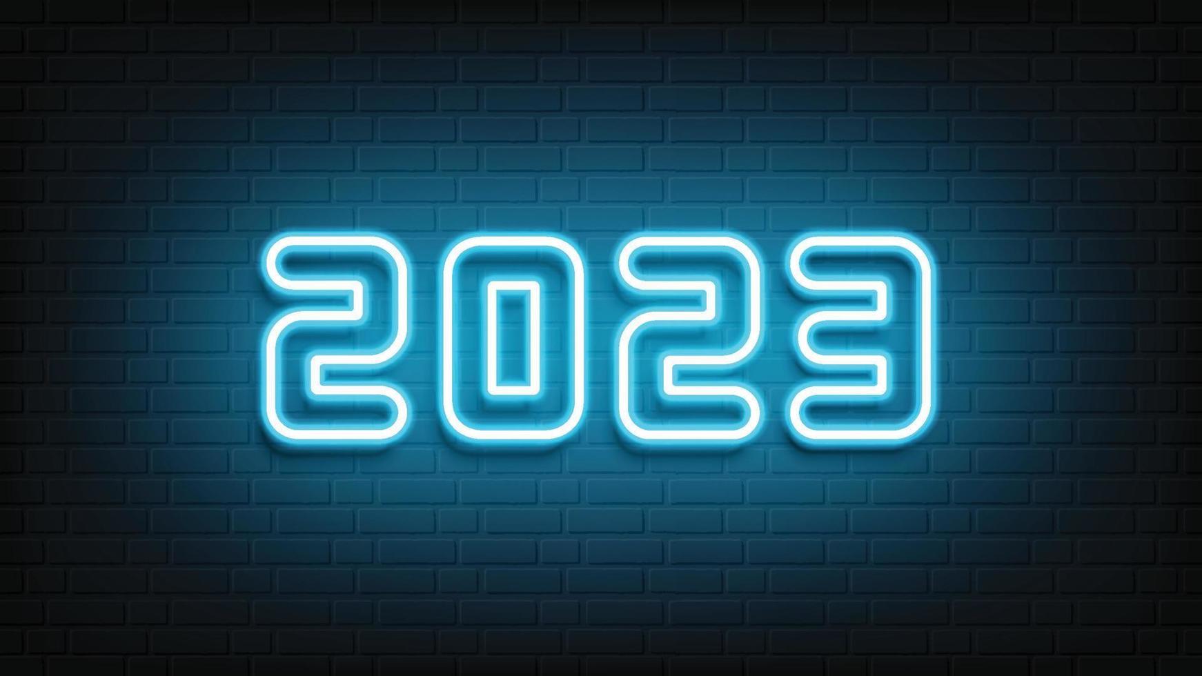 feliz Novo ano néon Projeto. 2023 néon texto. néon 2023 Novo ano placa. vetor ilustração.