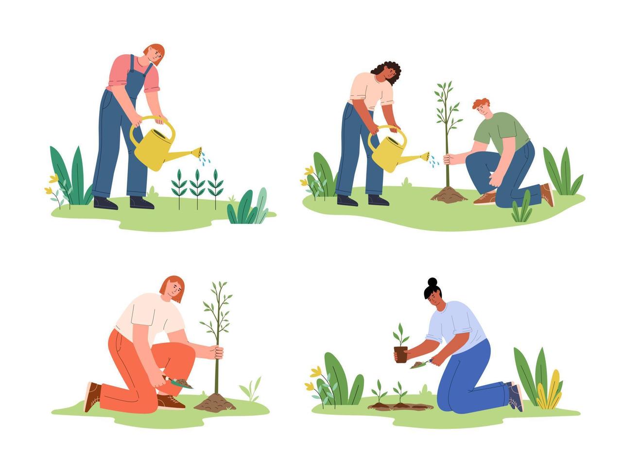 conjunto do diverso pessoas jardinagem, plantar árvores mundo meio Ambiente dia. terra dia. reflorestamento, Cuidado sobre natureza. pessoas Atividades, estilo de vida, passatempo conceito. plano vetor ilustração