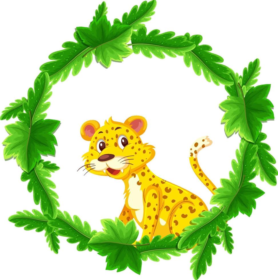 modelo de banner de folhas verdes redondas com um personagem de desenho animado de leopardo vetor