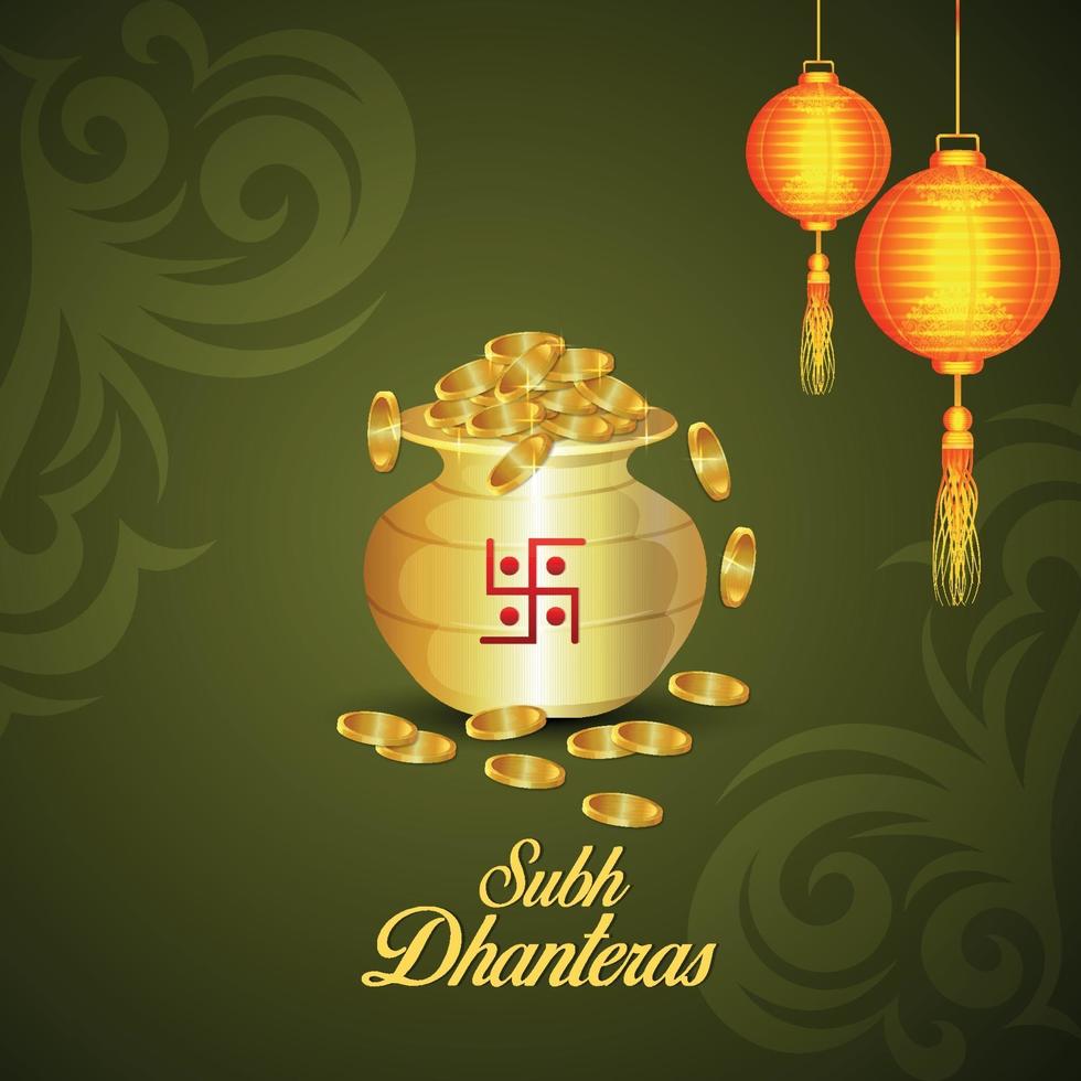 Design de cartão shubh dhanteras com criativo pote de moedas de ouro e lâmpada diwali vetor