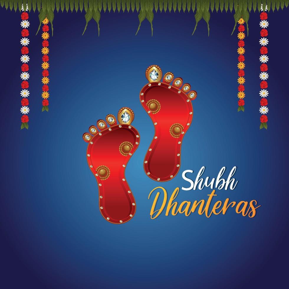 Design de cartão de convite do festival indiano shubh dhanteras com pegada da deusa laxami vetor