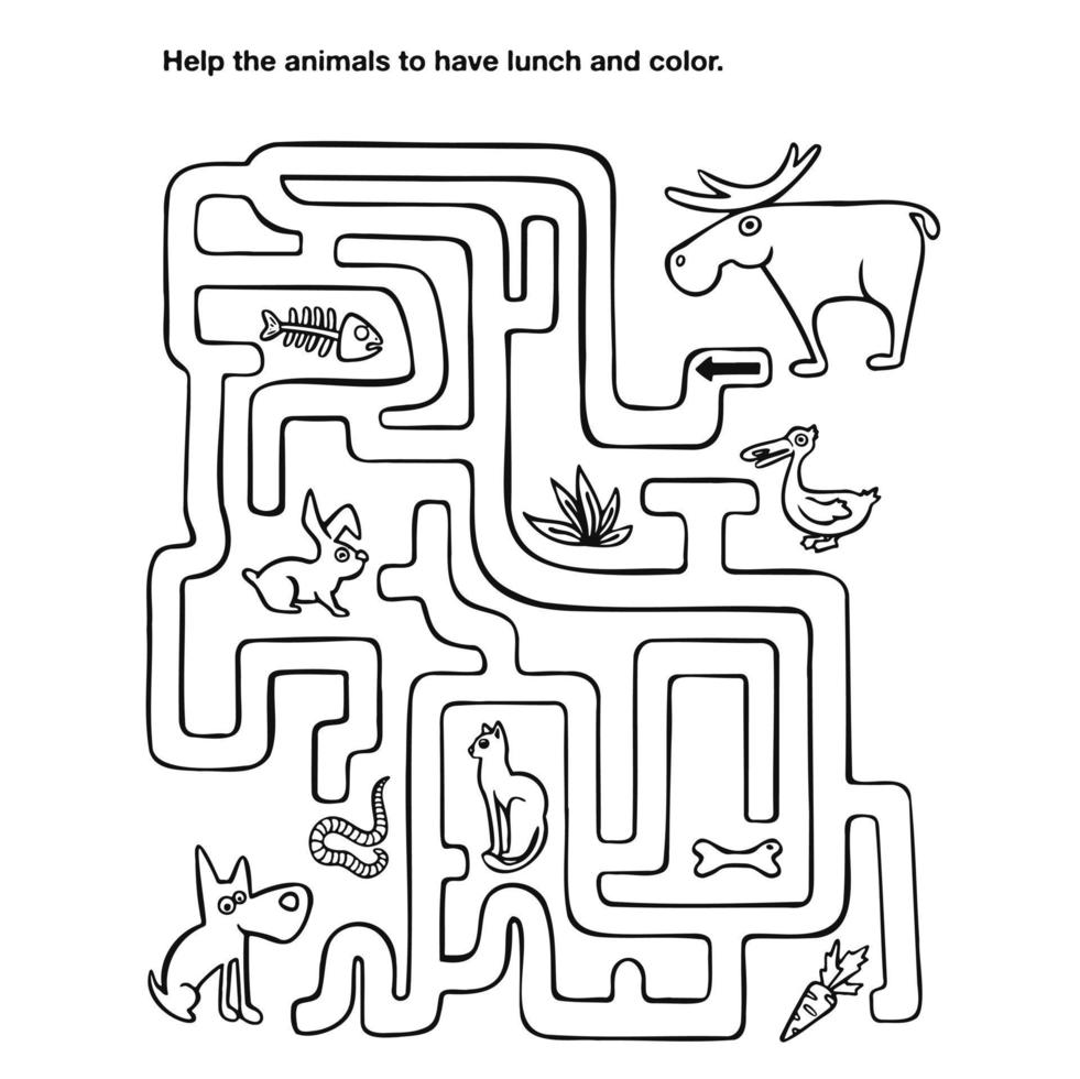 Labirinto para crianças animais olhando para comida, coloração livro vetor