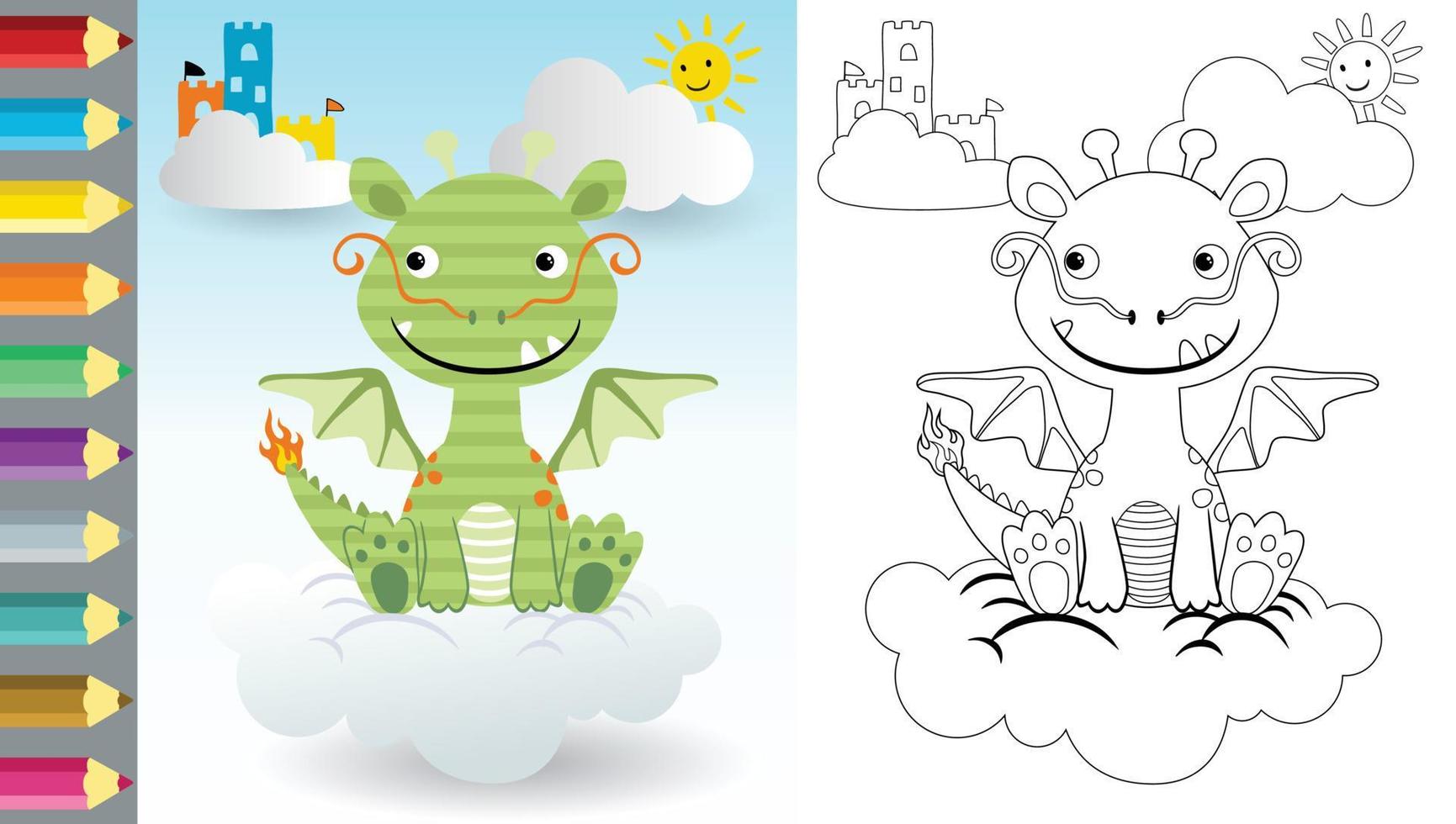 vetor desenho animado do Dragão sentado em nuvem, conto de fadas elementos, coloração livro ou página