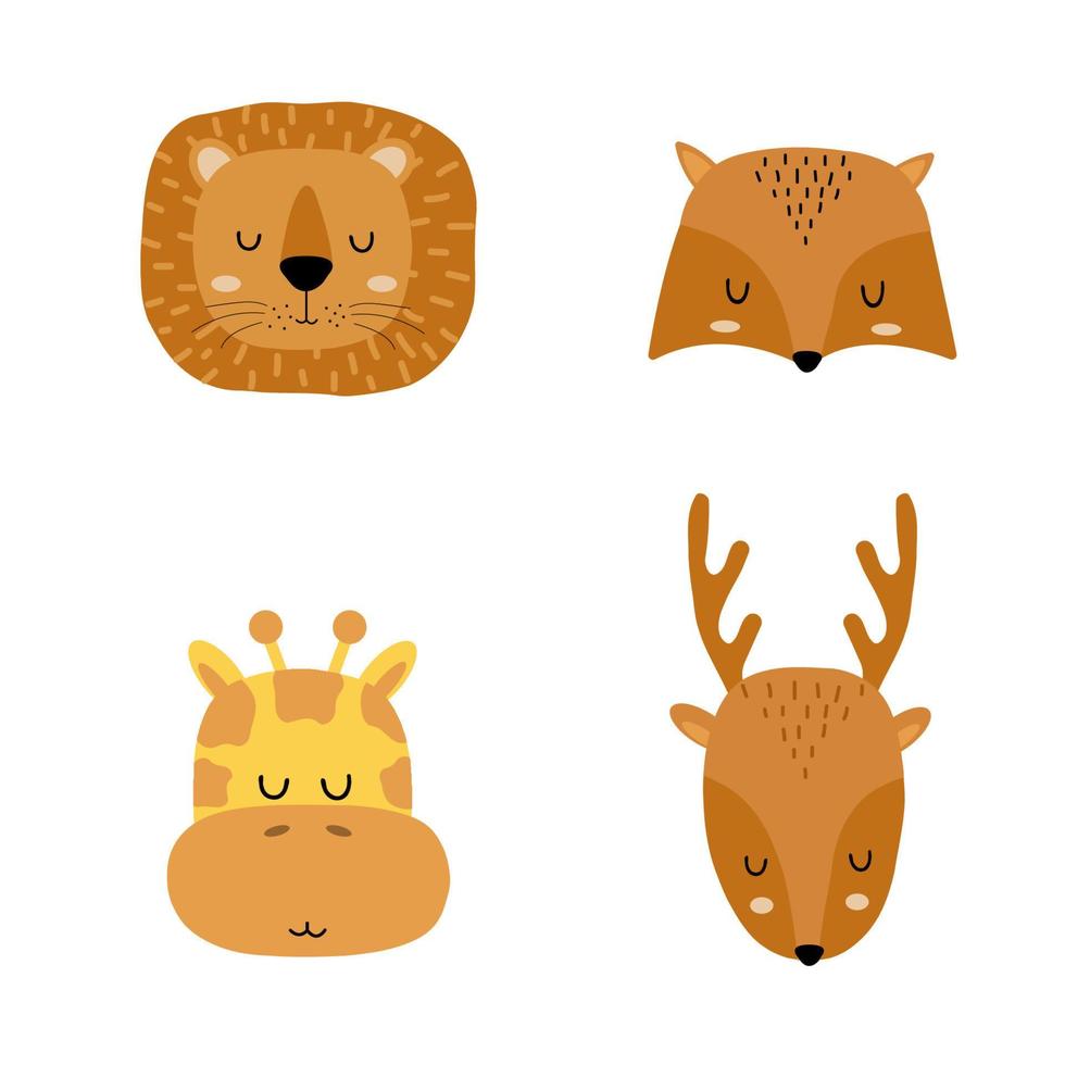 conjunto do fofa mão desenhado dormindo animais - leão, Raposa, girafa e cervo. desenho animado jardim zoológico. vetor ilustração. animais para a Projeto do crianças produtos dentro escandinavo estilo.