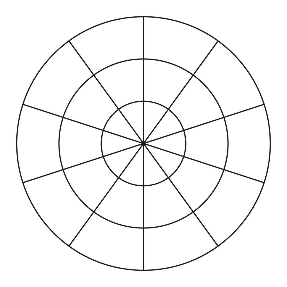 polar rede do 10 segmentos e 2 concêntrico círculos. treinamento ferramenta. roda do vida modelo. círculo diagrama do estilo de vida equilíbrio. vetor em branco polar gráfico papel.